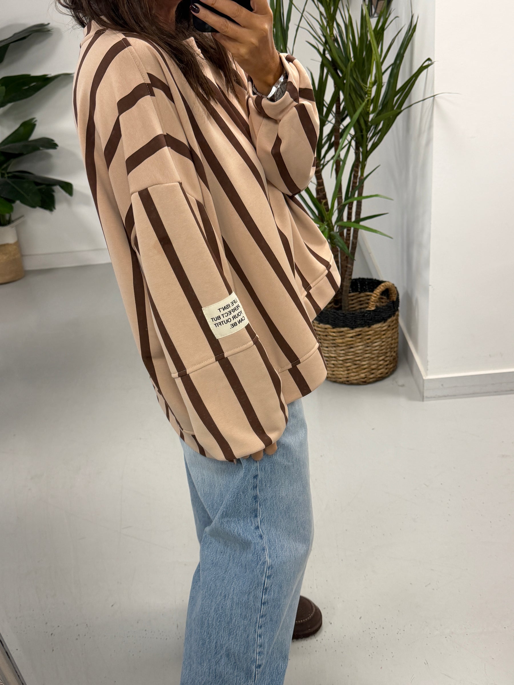Sunset Stripe  “Life Isn’t Perfect” Sweater - Taupe/Chocolate (Size 12-18)