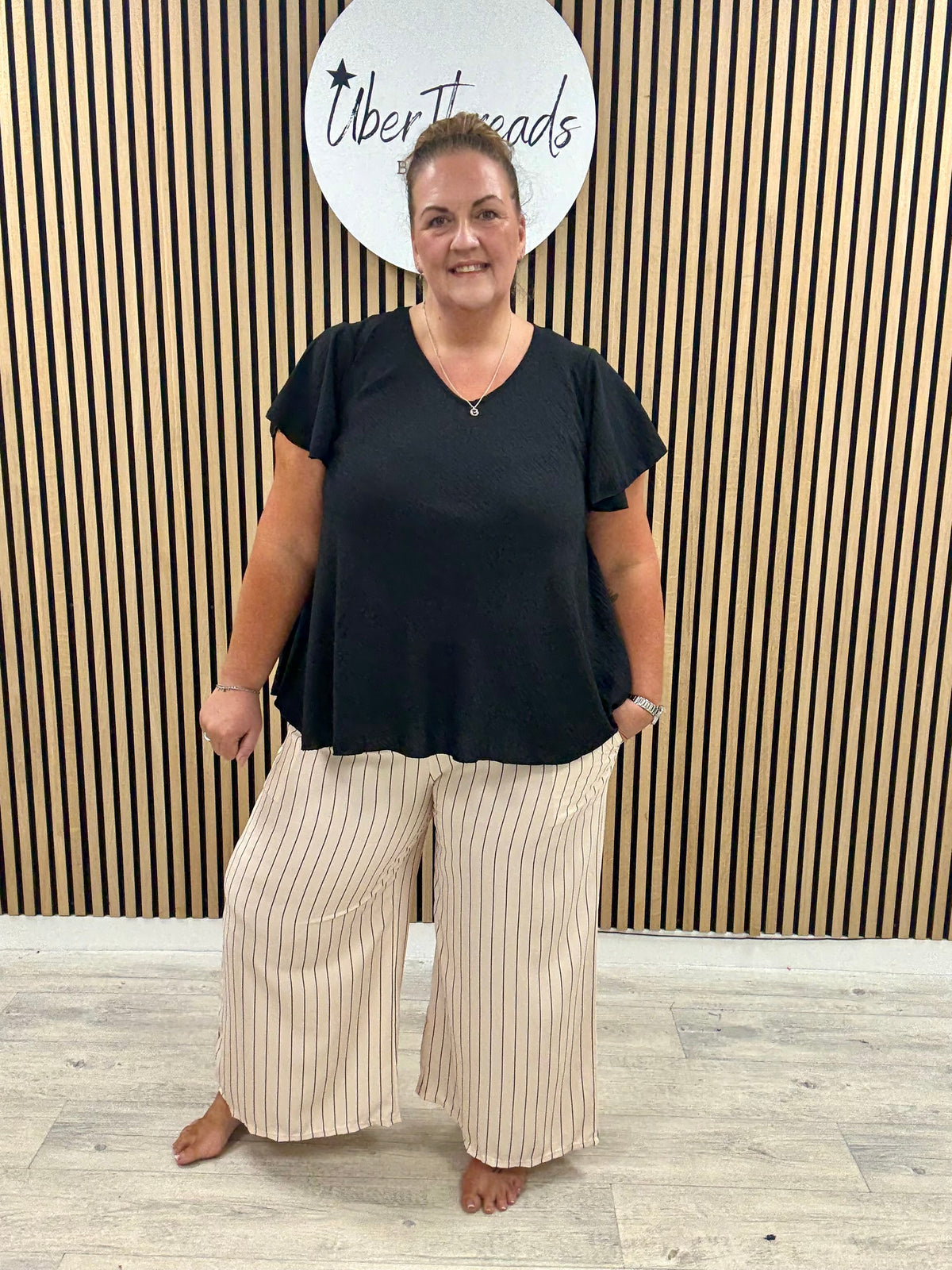 The Pinstripe Palazzo - Cream/Black (Plus)