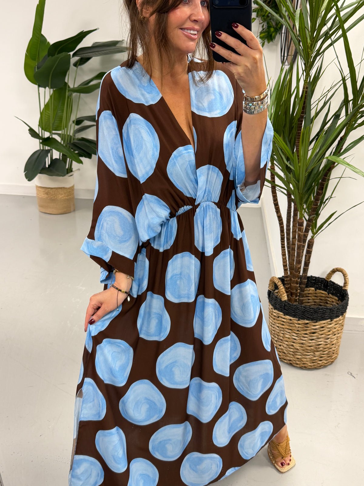Polka Cross Over Dress - Blue/Dark Chocolate