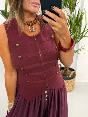 Double Zip Military Waistcoat - Wine