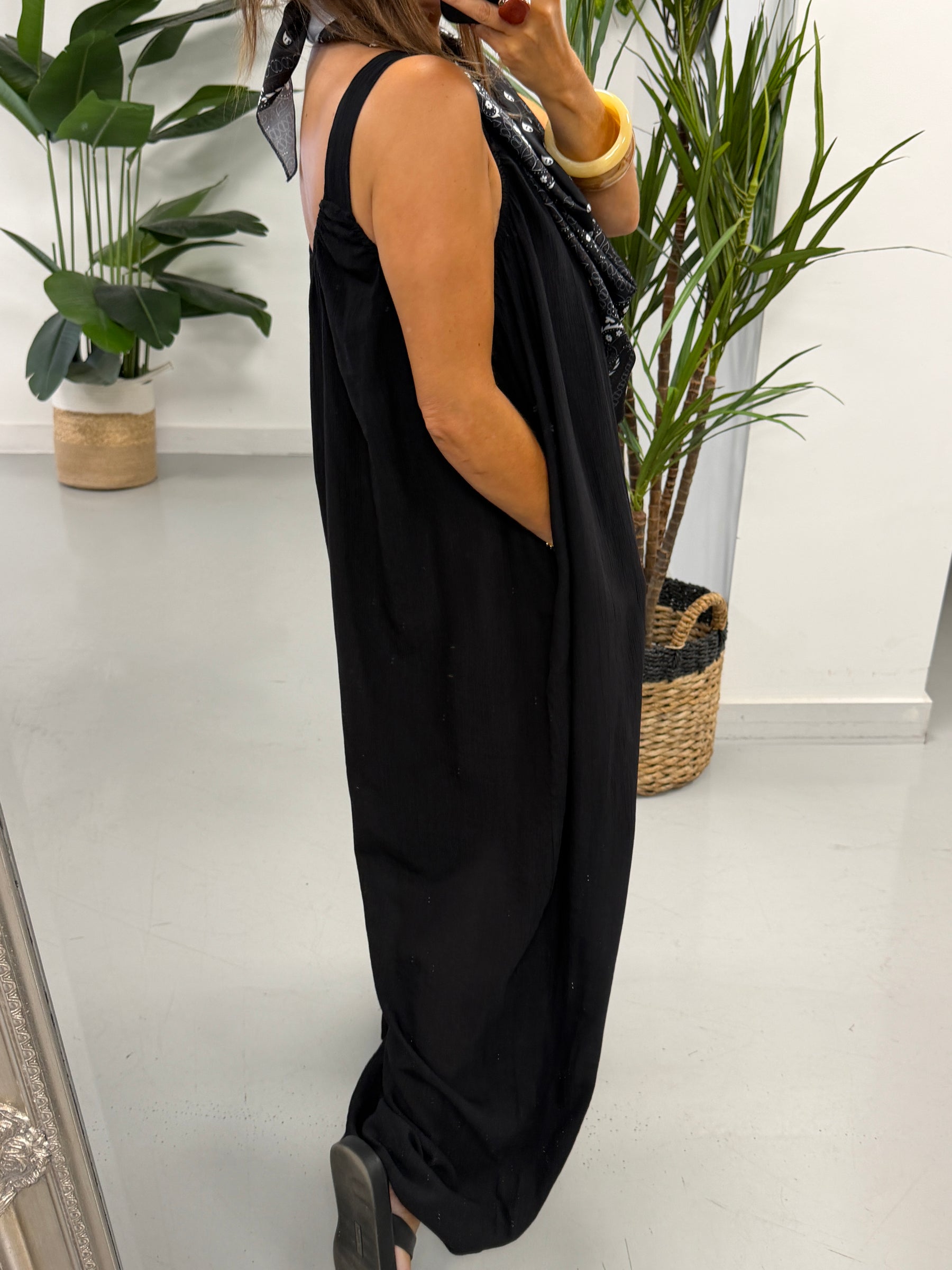Bandana Scarf Crinkle Jumpsuit - Black