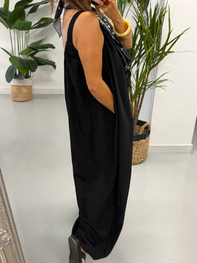 Bandana Scarf Crinkle Jumpsuit - Black
