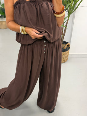 Button Crinkle Balloon Co Ord - Chocolate