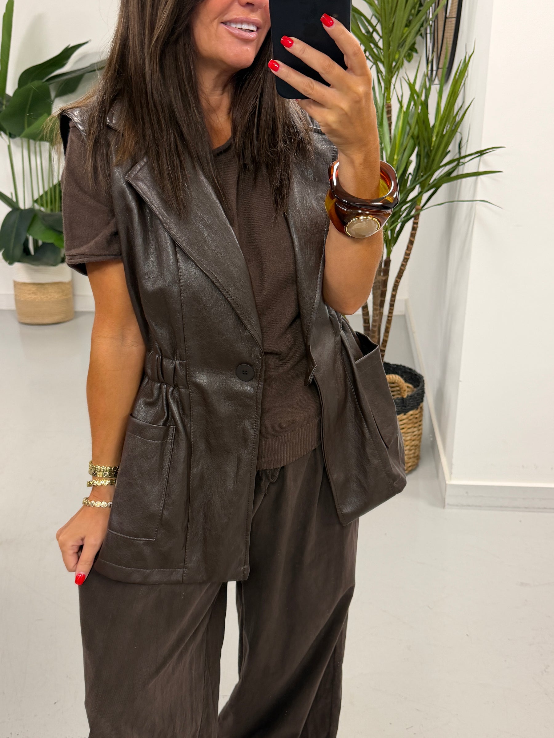 Soft Touch PU Gilet - Chocolate