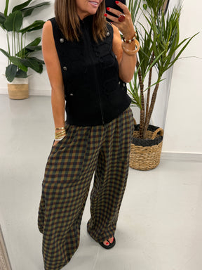 The Autumn Check Baggy Barrel Trousers - Olive Green/Blue