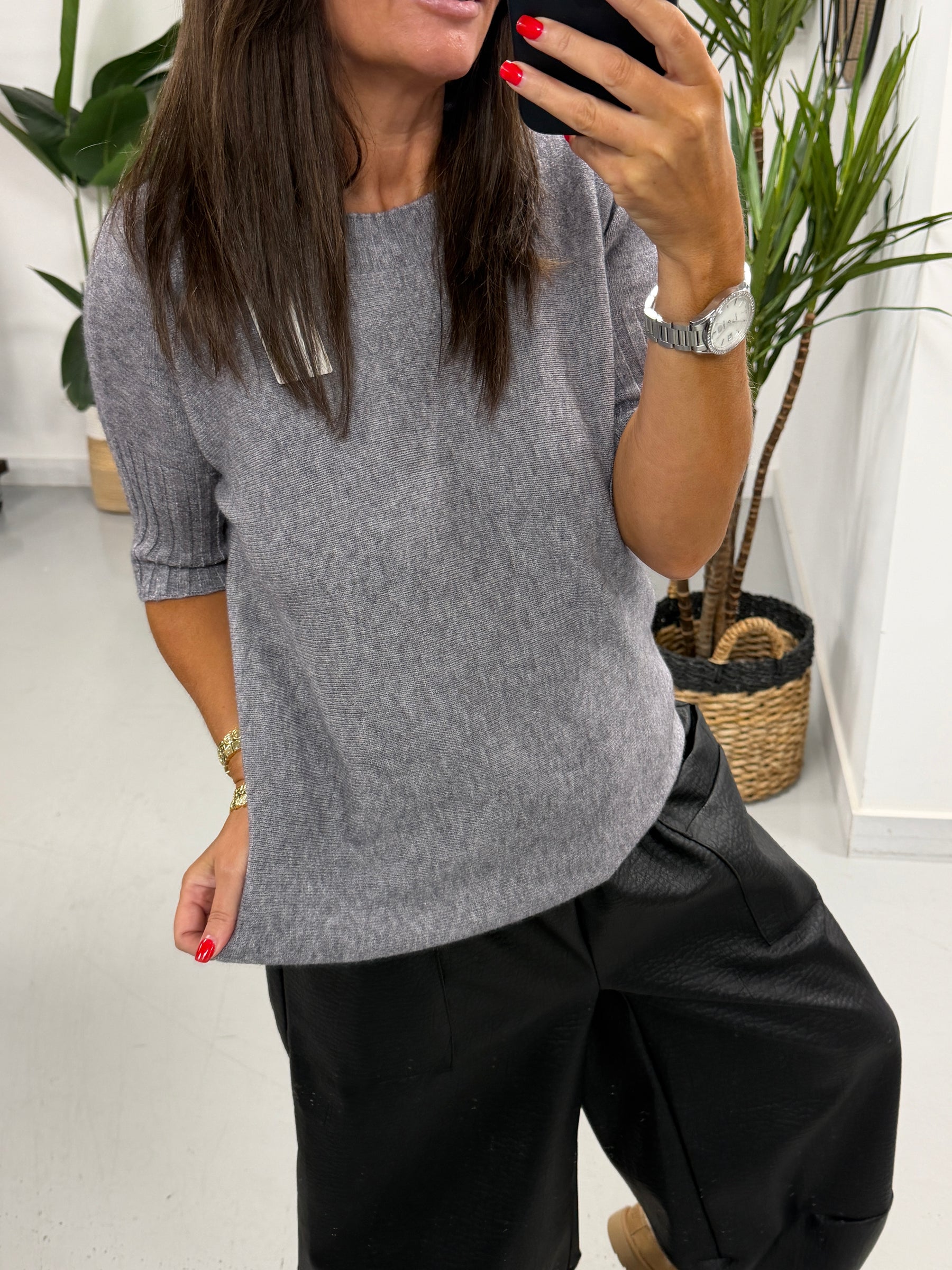 Crop Sleeve Boat Neck Knit - Grey