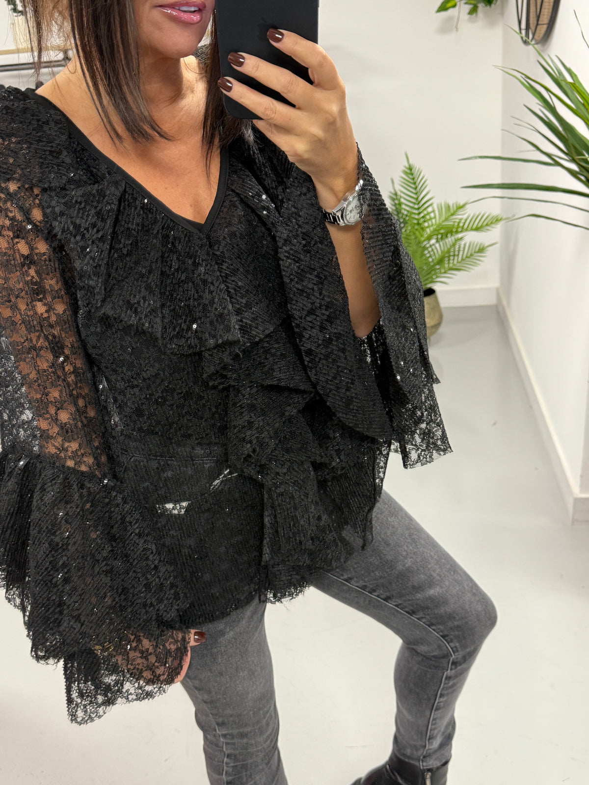 A Touch Of Sparkle Ruffle Blouse - Black