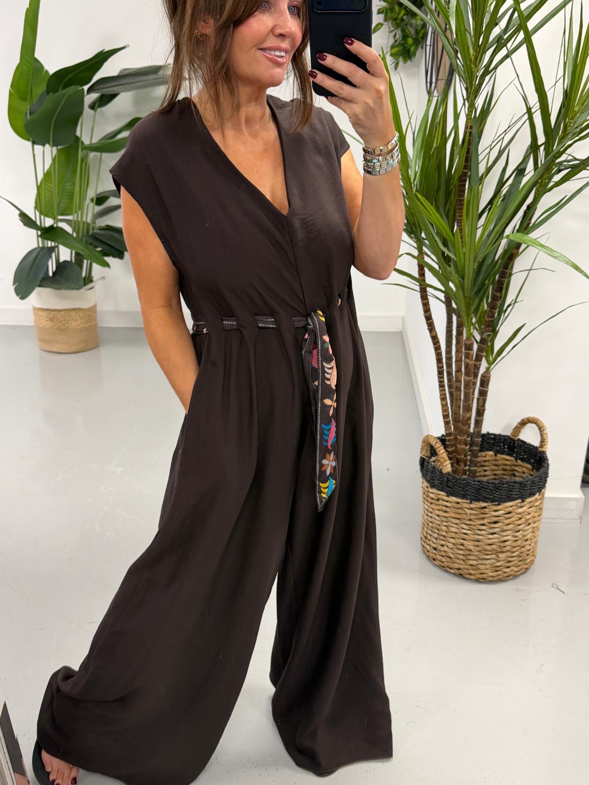The Belted Wide Leg Jumpsuit - Chocolate
