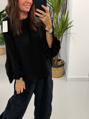 Slouchy Frill Sleeve Knit - Black (Size 12 - 18)