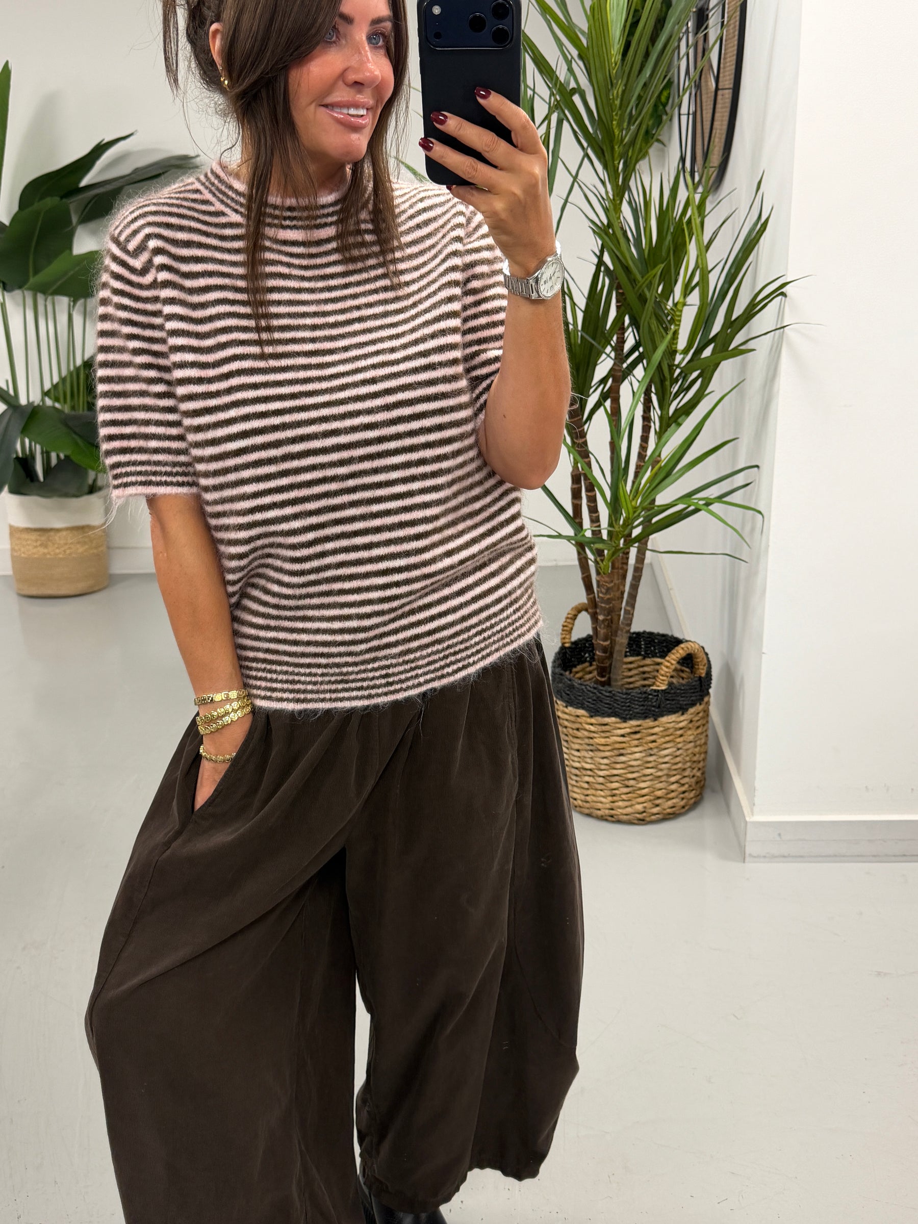 Stripe Crop Sleeve Knit  - Chocolate/Pink (Size 8-14)