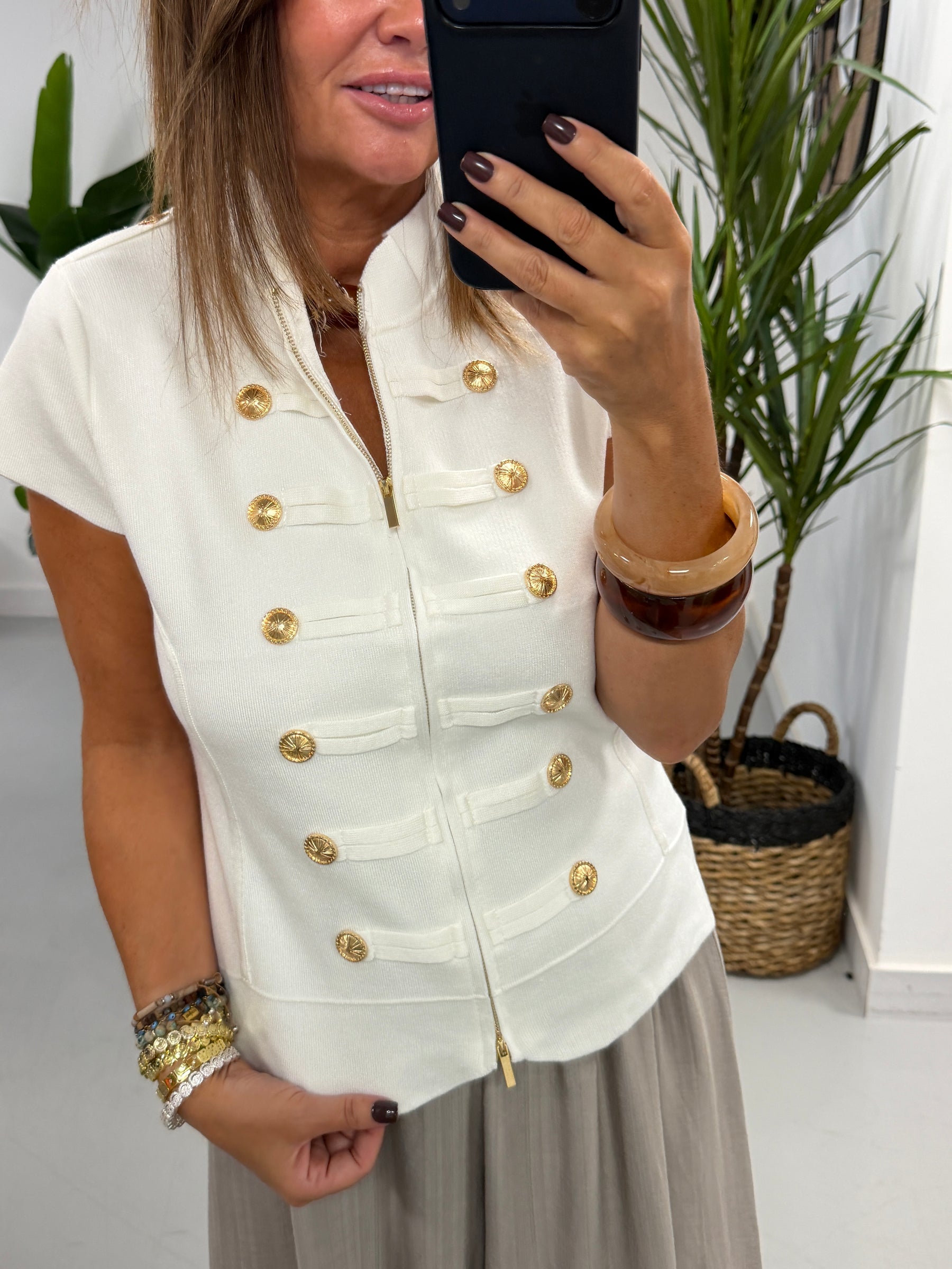 Capped Sleeve Military Waistcoat - White