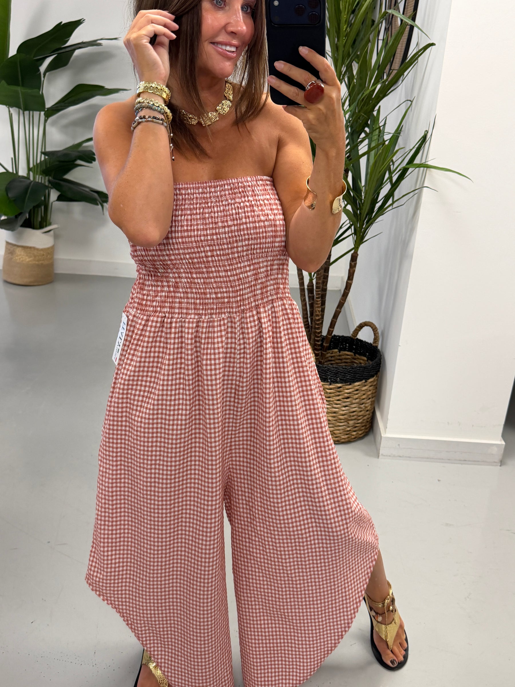 Gingham Genie Bandeau Jumpsuit  -Raspberry