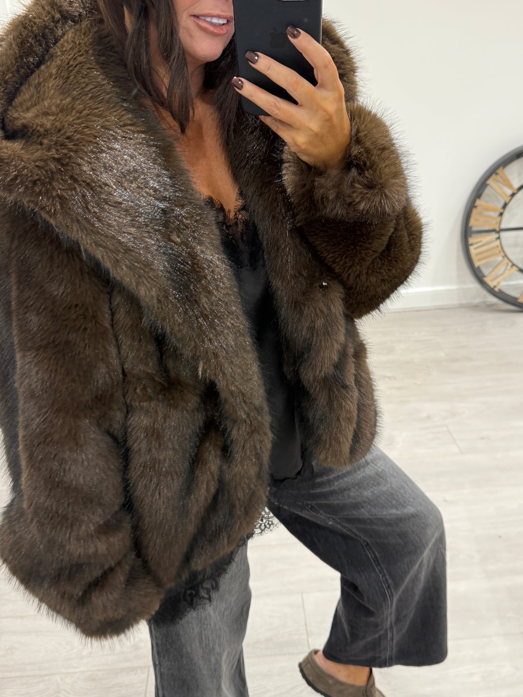 Dark Chocolate Hooded Faux Fur