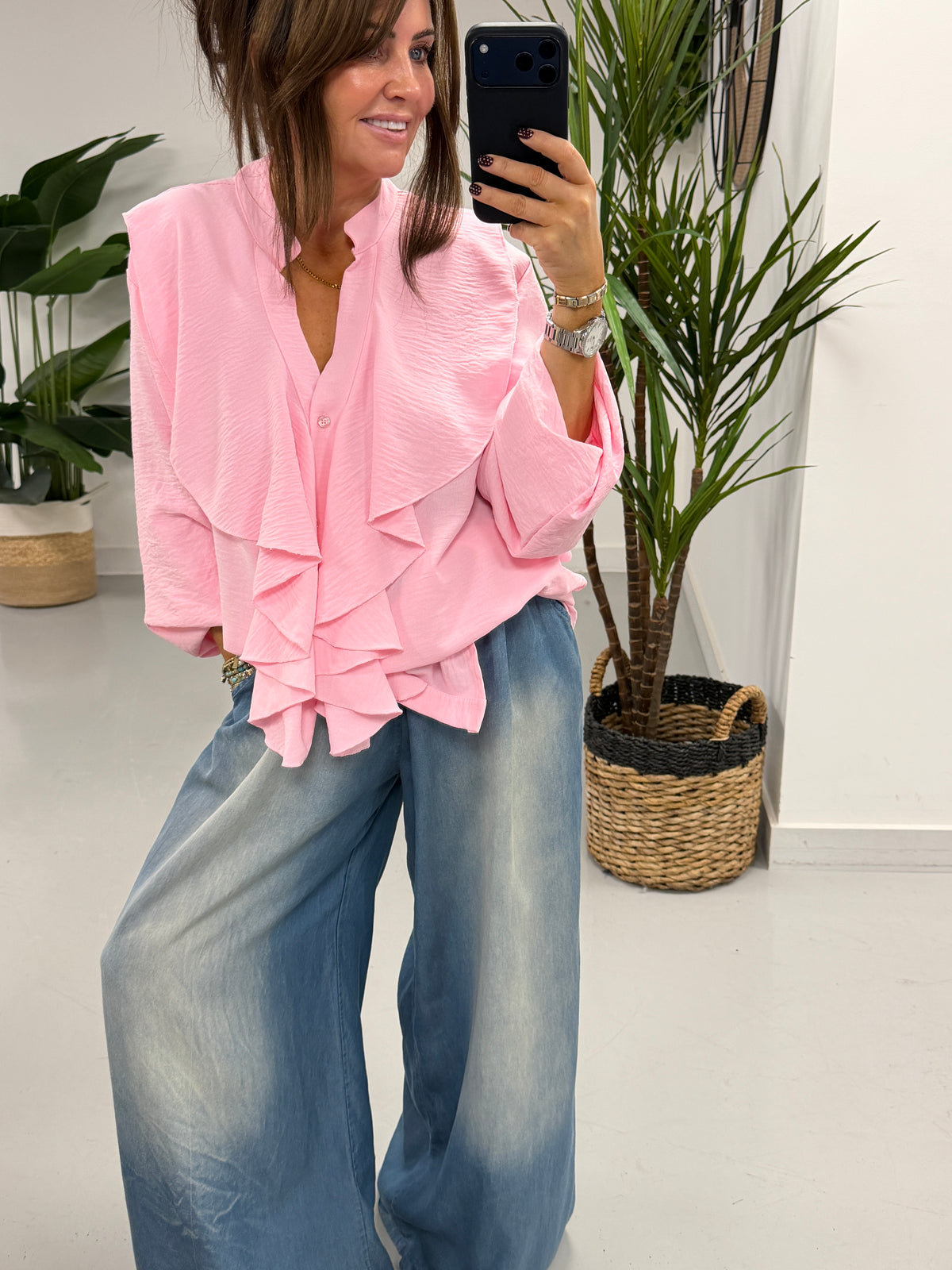 Luna Button Frill Blouse - Pink