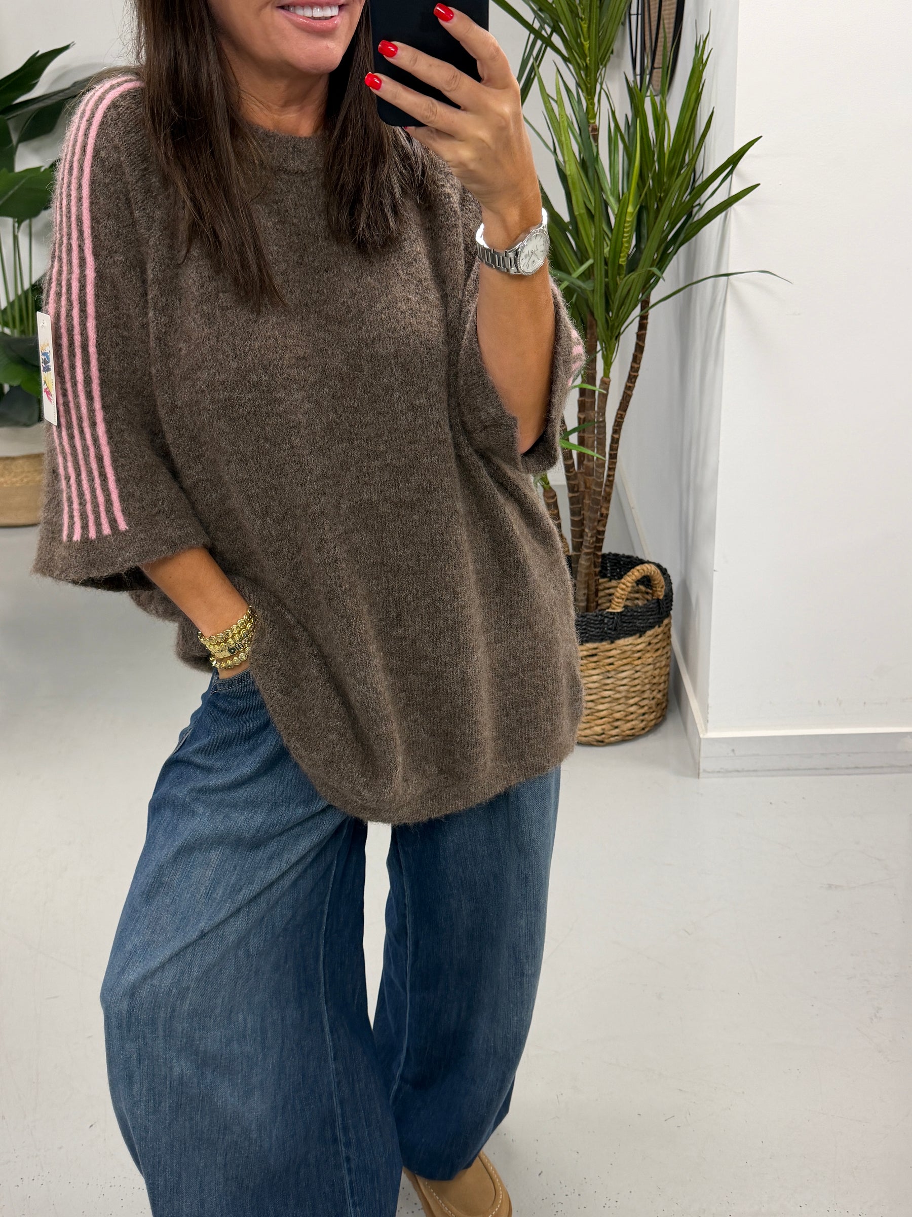 Stripe Long Line Knit  - Mocha/Pink
