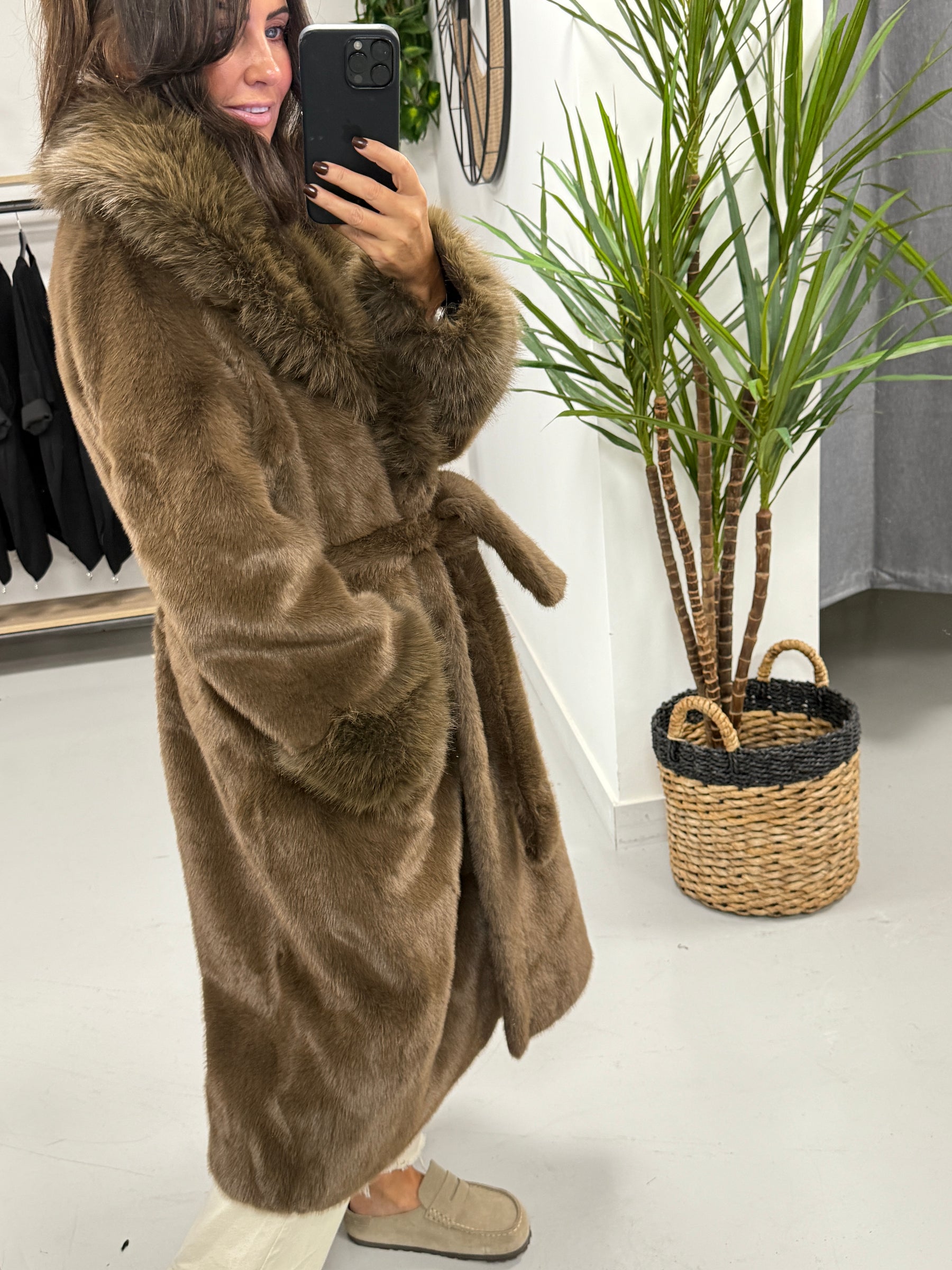 The Luxe Belted Faux Fur Wrap Coat - Chocolate
