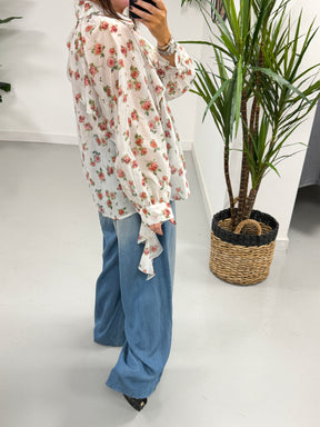 Zeta Otto Floral Frill Blouse - White