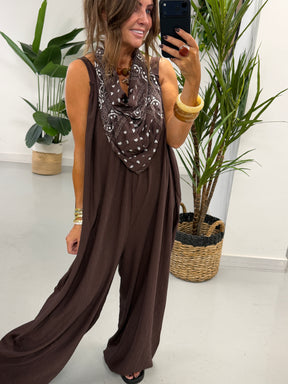 Bandana Scarf Crinkle Jumpsuit - Chocolate