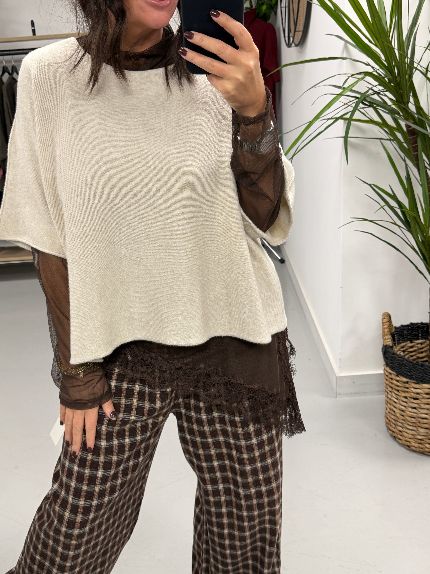 Asymmetrical lace trim lined Mesh Top - Chocolate