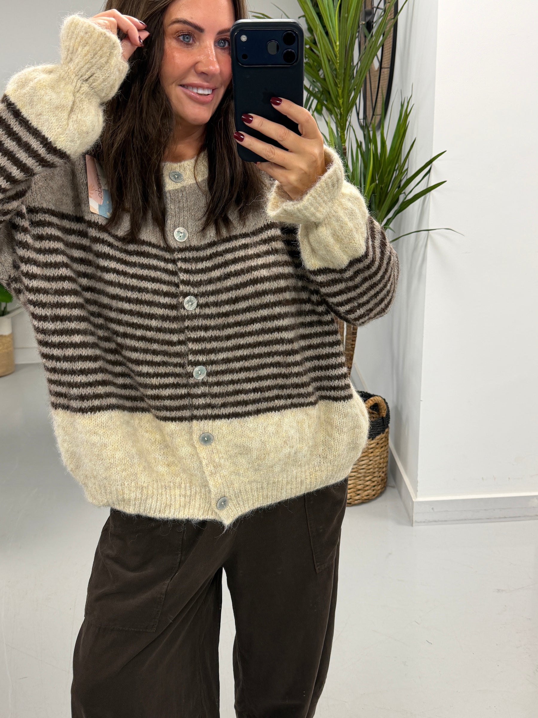 Rustic Stripe Knit Cardigan - Mocha/Chocolate (Size 10-18)