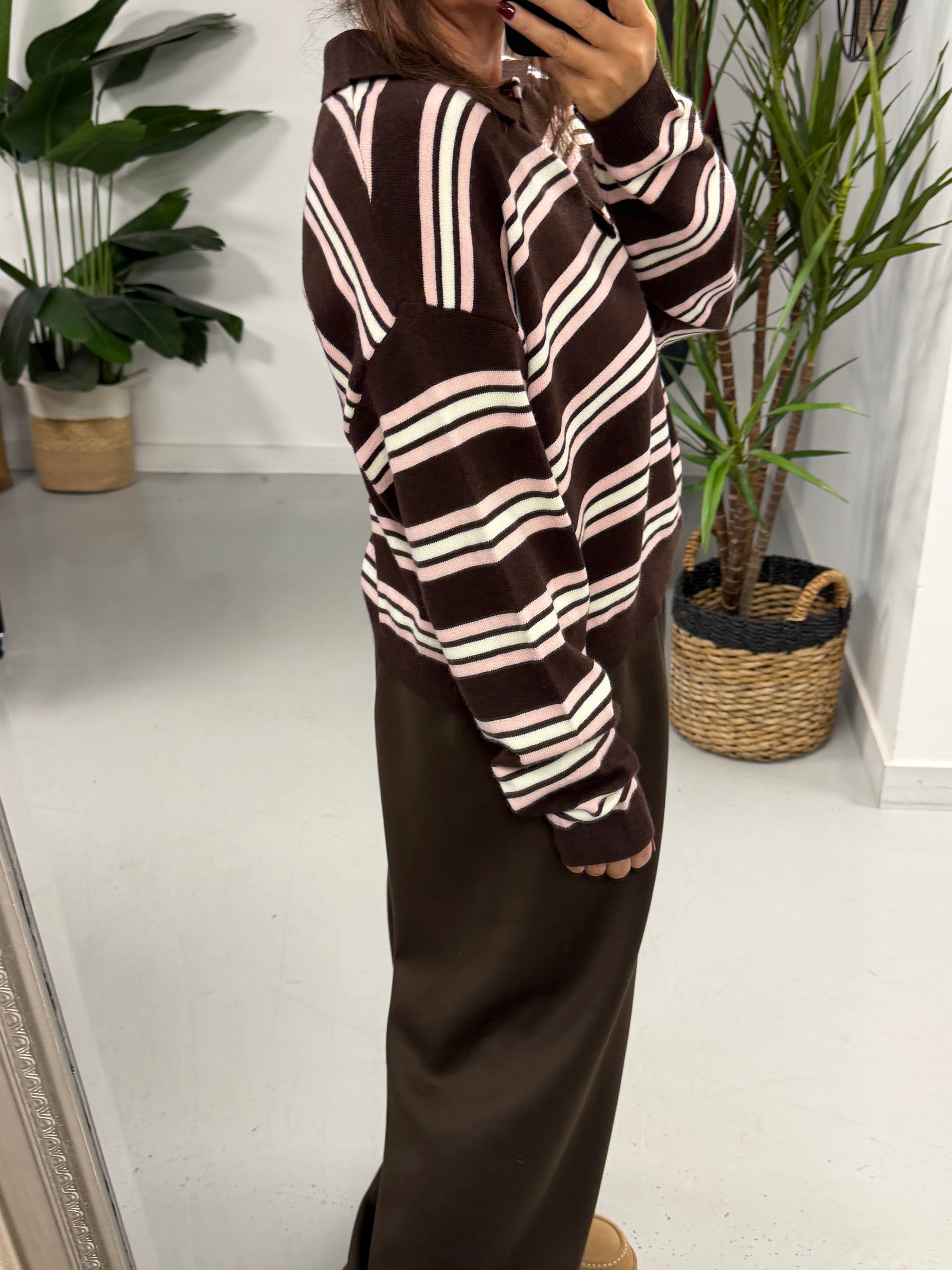 The Button Up Knit - Chocolate/Cream/Pink  (Size 10/12-14/16)