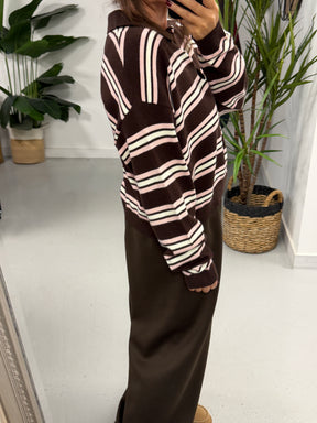 The Button Up Knit - Chocolate/Cream/Pink  (Size 10/12-14/16)