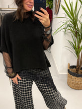 Asymmetrical lace trim lined Mesh Top - Black