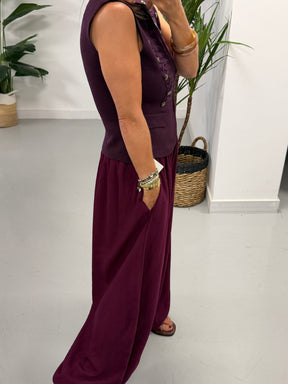 Button Crinkle Balloon Trousers - Wine