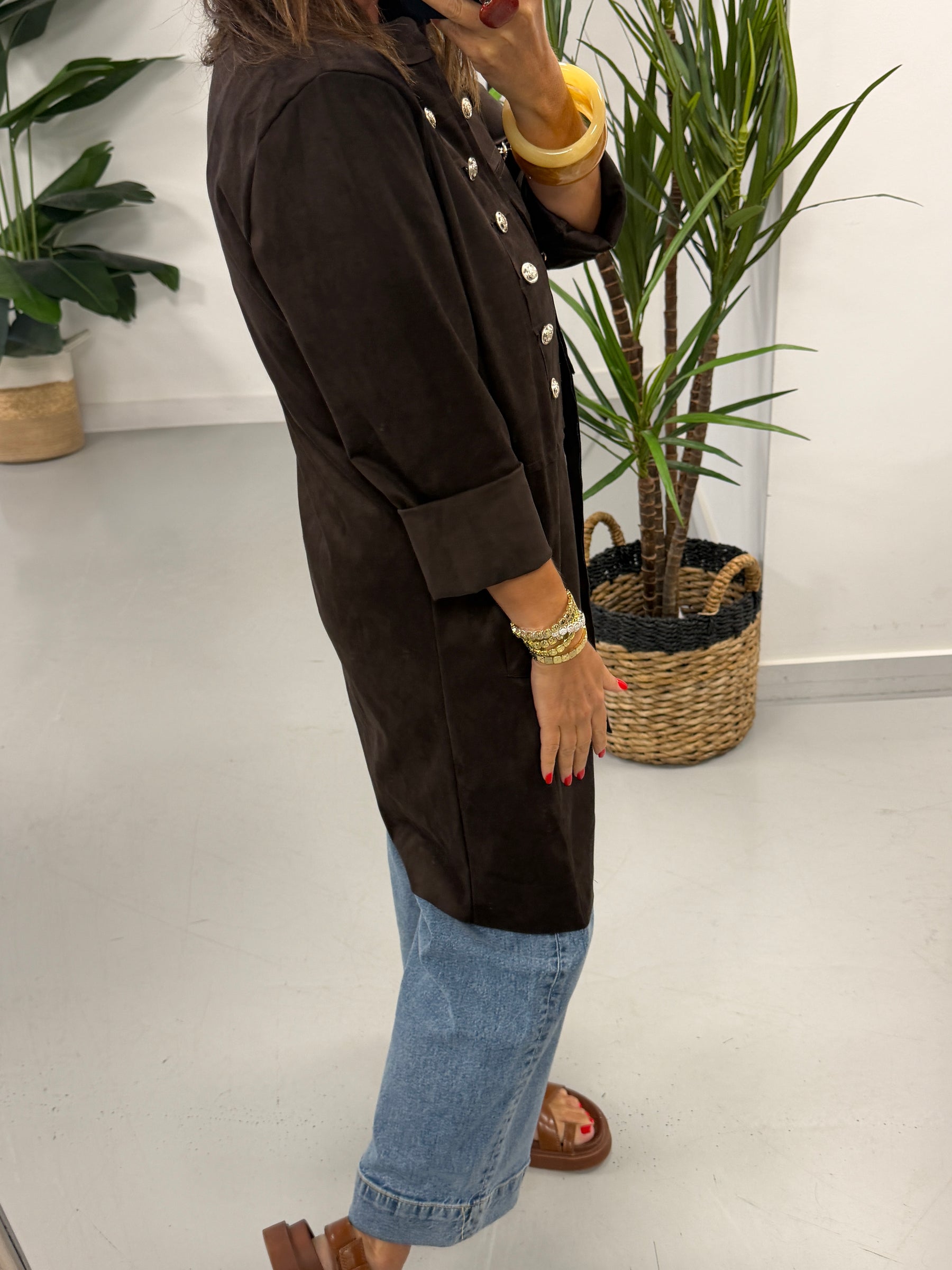 The Bronte Suedette Military Longline Jacket - Chocolate