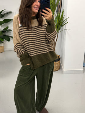 Rustic Stripe Knit Jumper  - Green/Mocha/Chocolate (Size 10-18)