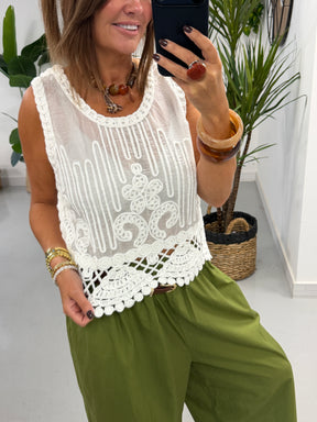 Crochet Patterned Tank - White
