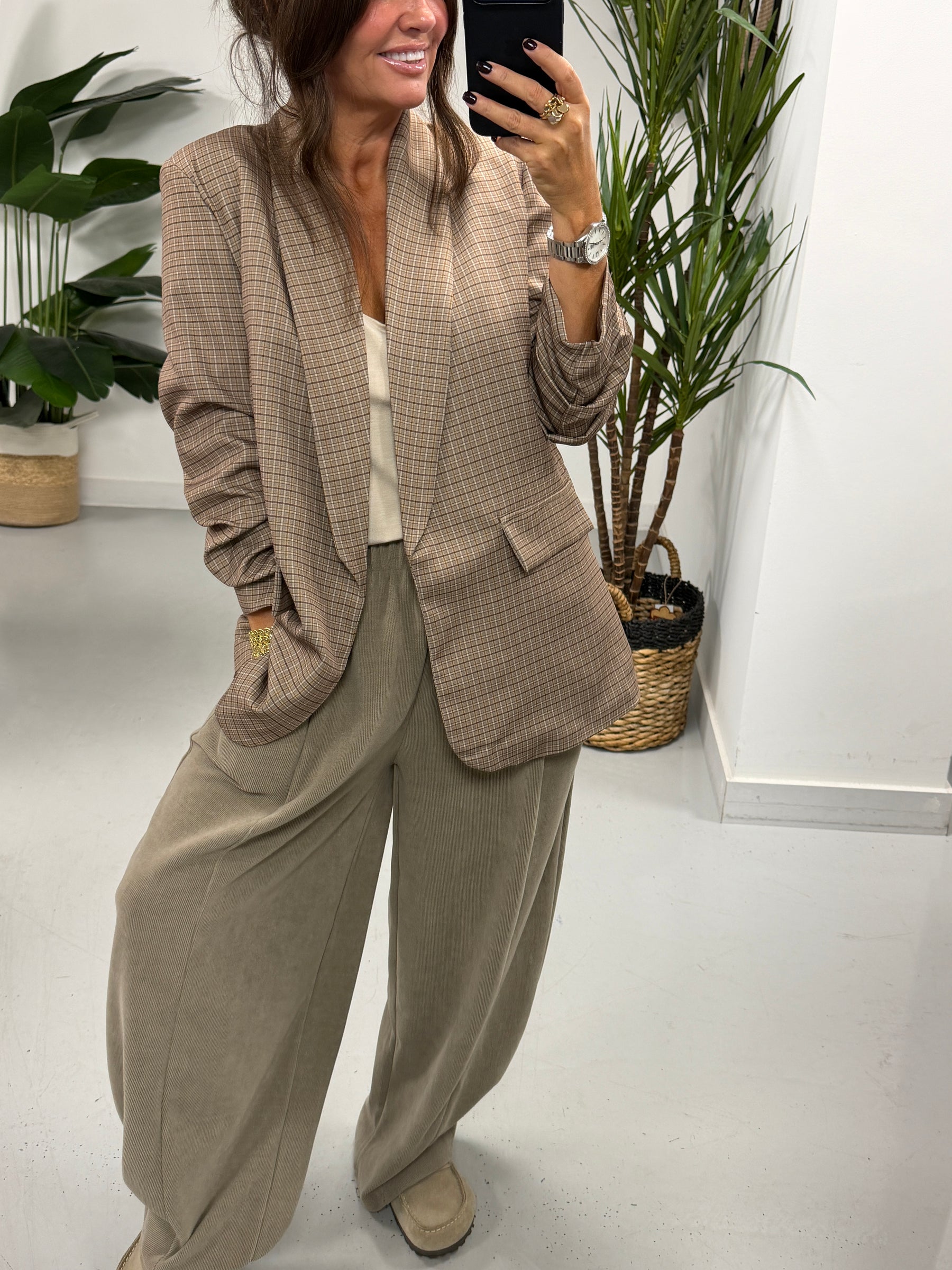 Plaid Ruched Sleeve Blazer - Taupe  (Plus sizes)