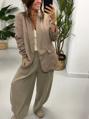 Plaid Ruched Sleeve Blazer - Taupe  (Plus sizes)