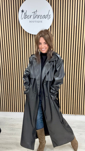 Chelsea PU Trench Coat - Black