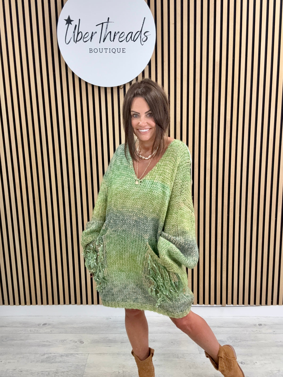 The Harlow Fringed Pocket Knit - Green