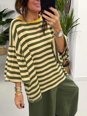 Sunset Stripe Puff Sleeve -Khaki  (Size 12-18)