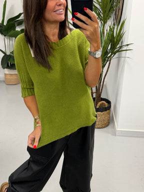 Crop Sleeve Boat Neck Knit - Pistacio