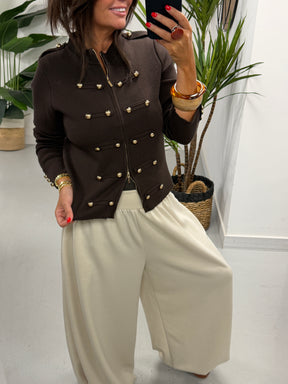 Military Knitted Cardigan - Chocolate