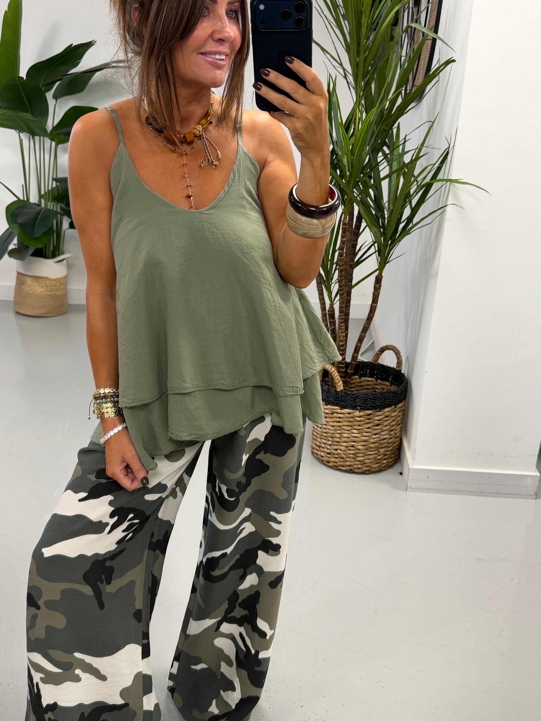 Camo Wide Leg Trousers - Beige