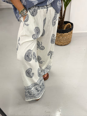 The Paisley Wide Leg Trouser - White/Navy