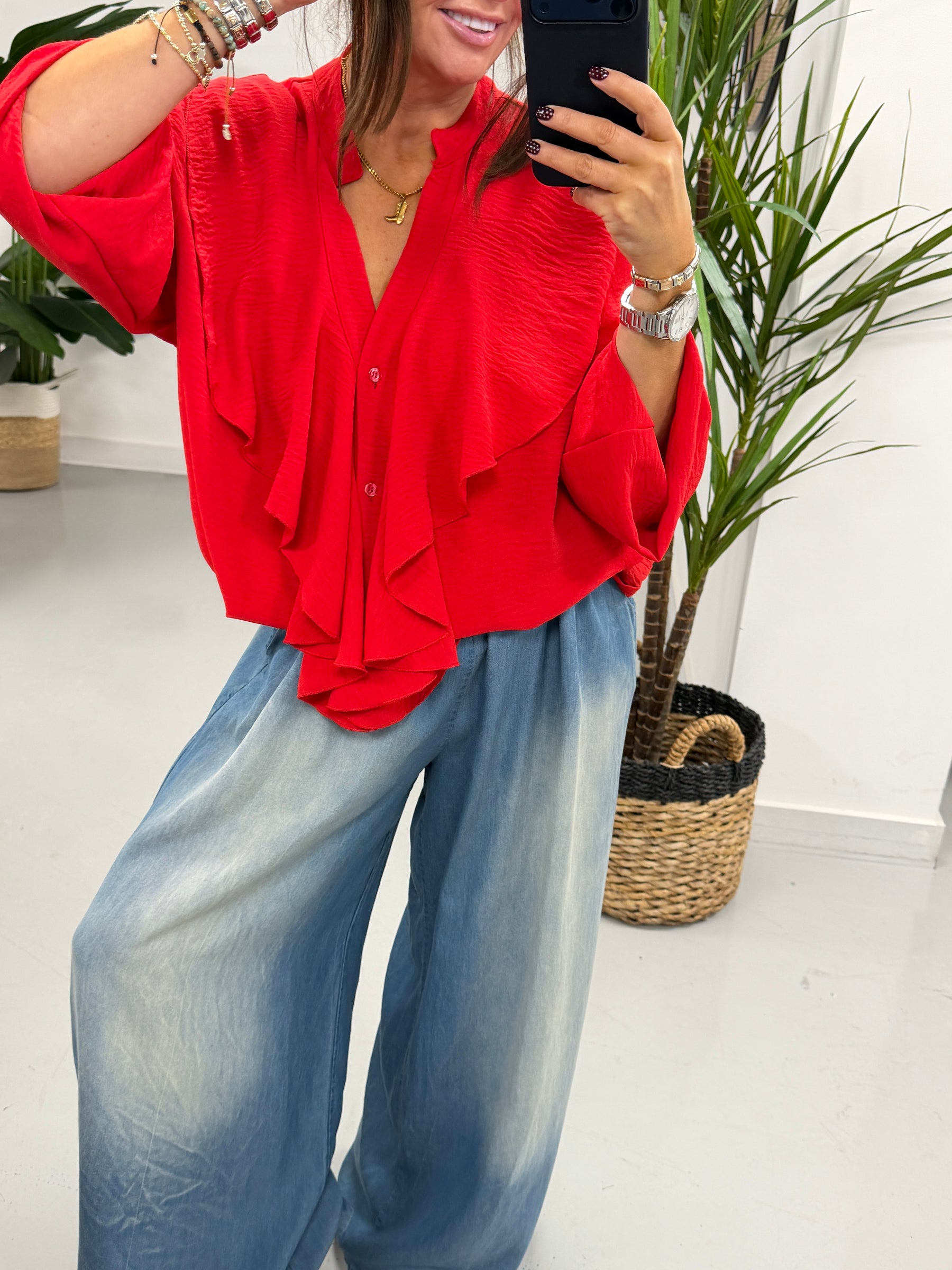 Luna ButtonFrill Blouse - Red