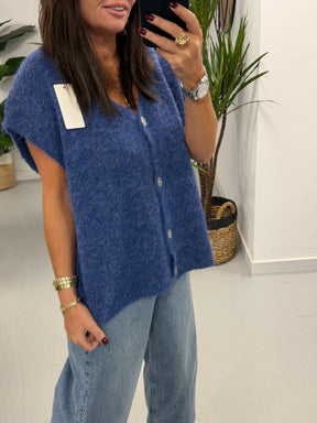 Button Up Slouchy Crop Sleeve Knit - Denim Blue  (Size 12-18)