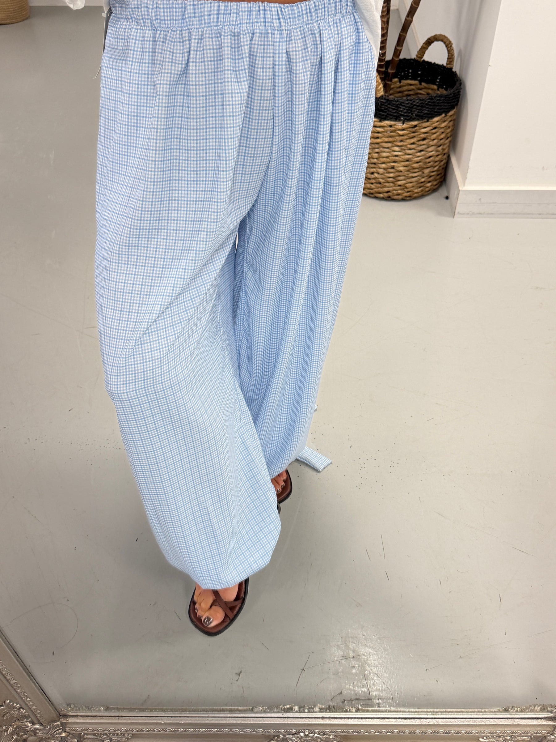 Checked Tie Cuff Trousers -Blue
