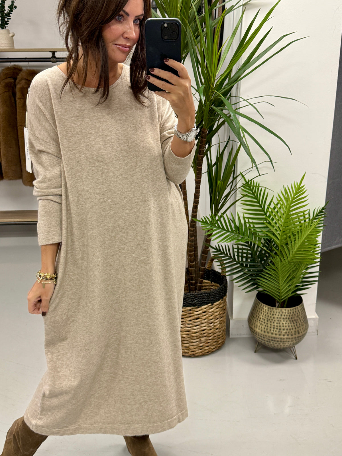 Knitted Button Back Dress - Oatmeal