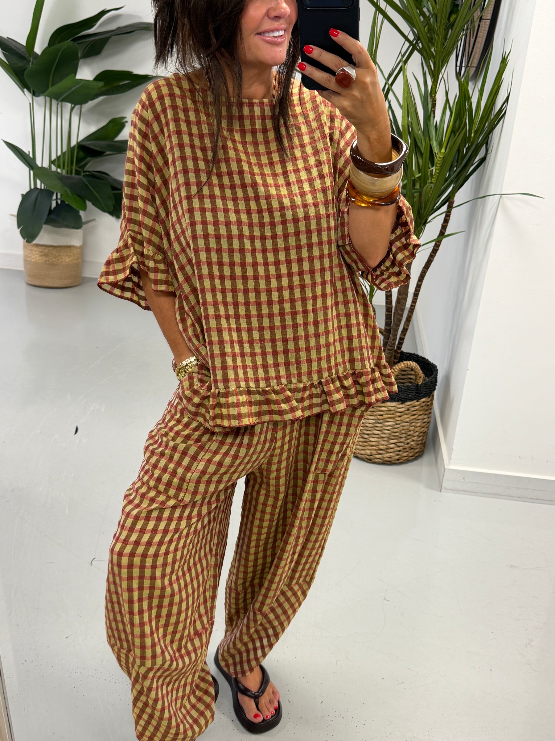 The Autumn Check Ruffle Tunic - Pistachio