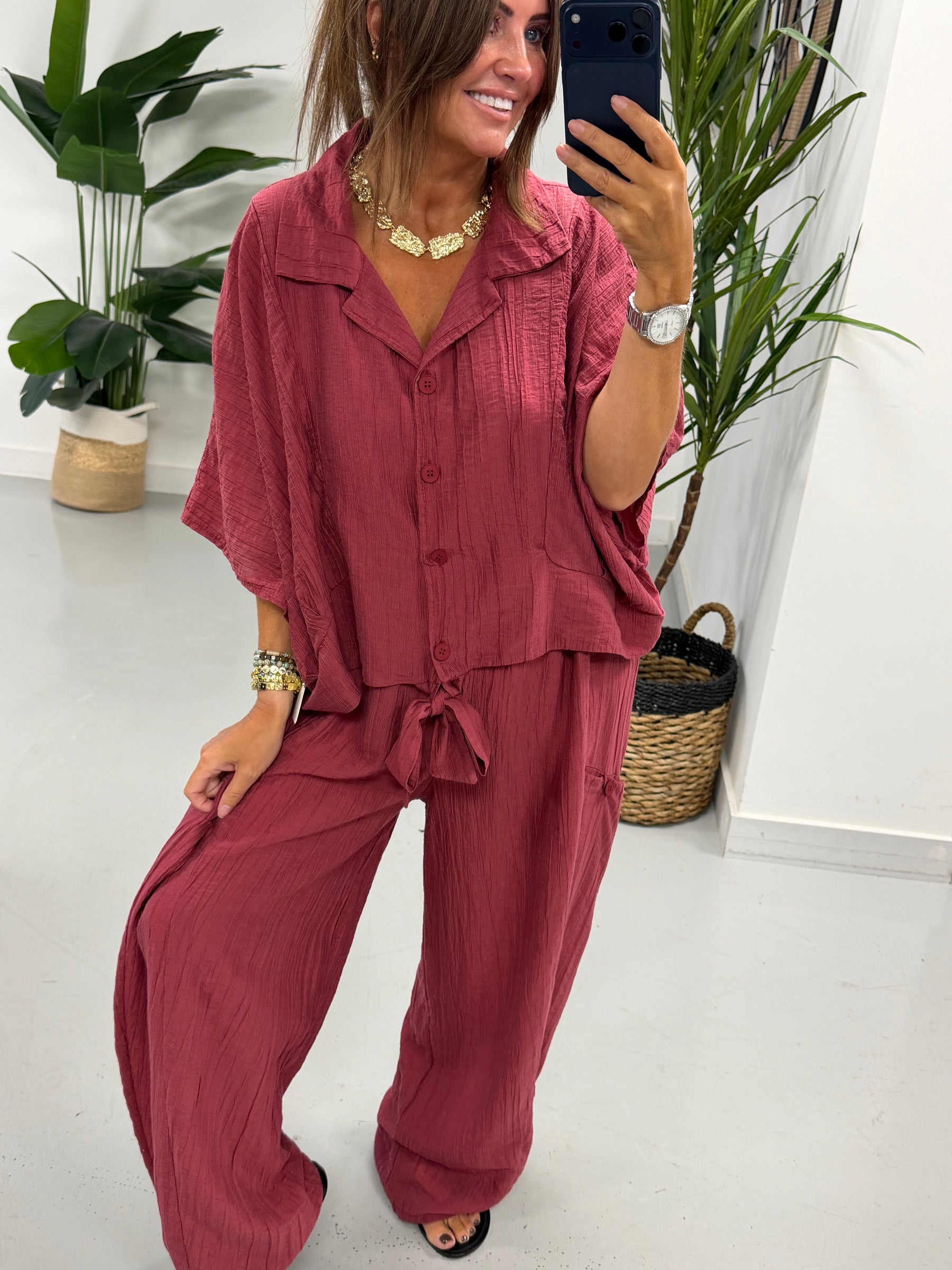 The Crinkle Button Tie Shirt - Wine