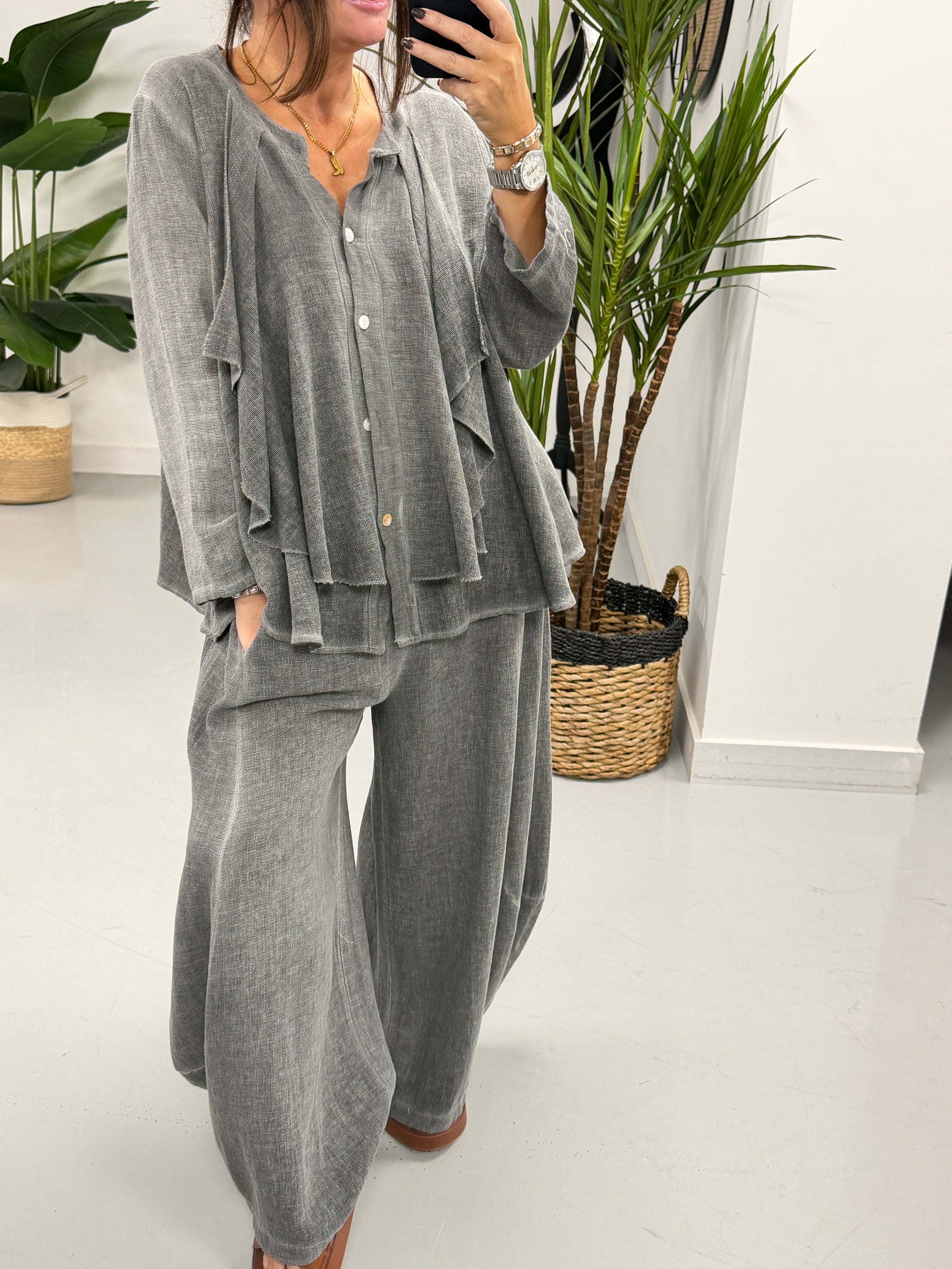 Sahara Ruffle Button Blouse - Charcoal