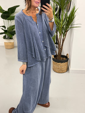 Sahara Ruffle Button Blouse - Denim Blue