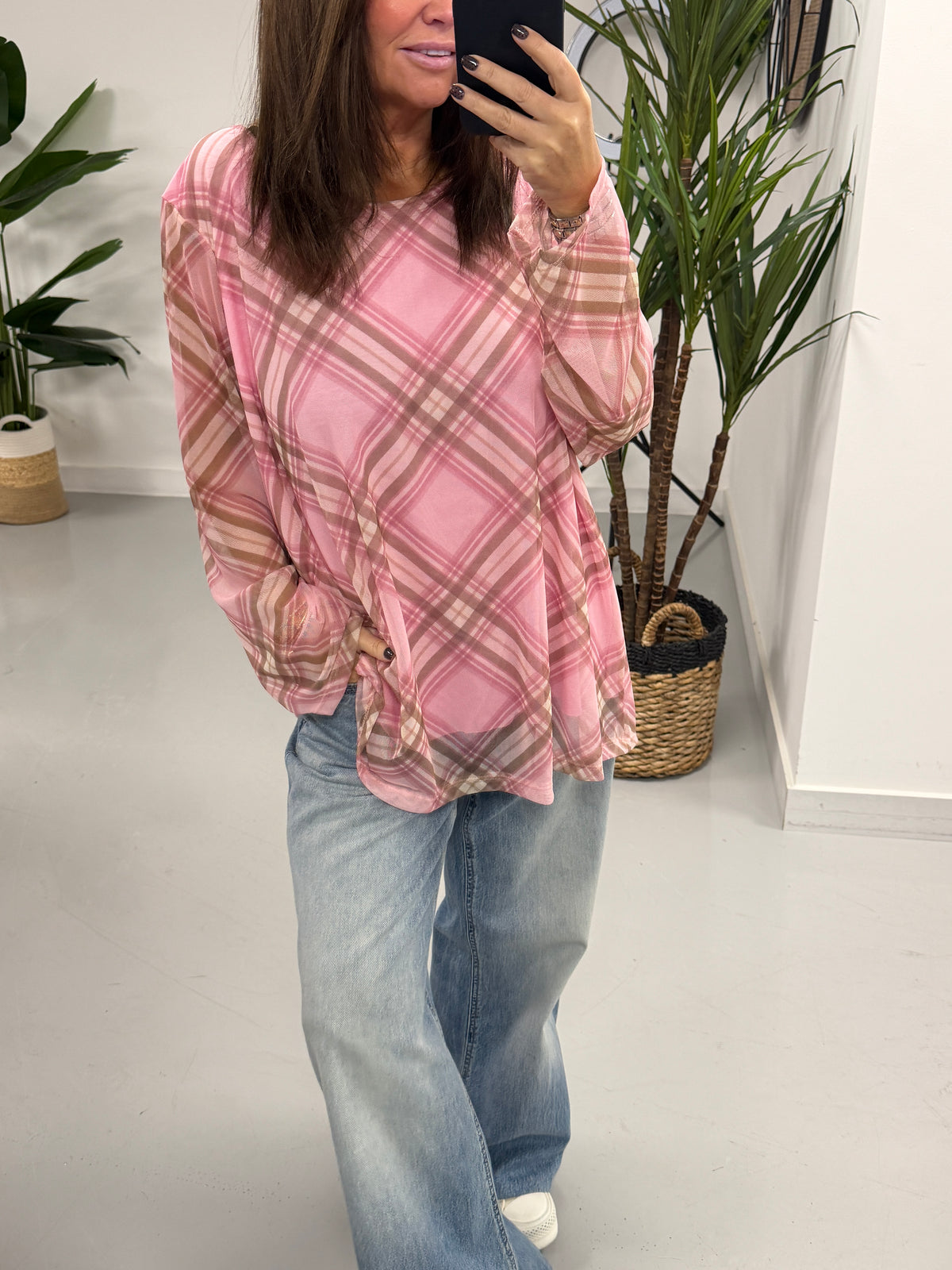 Layered Tartan Mesh Top - Pink