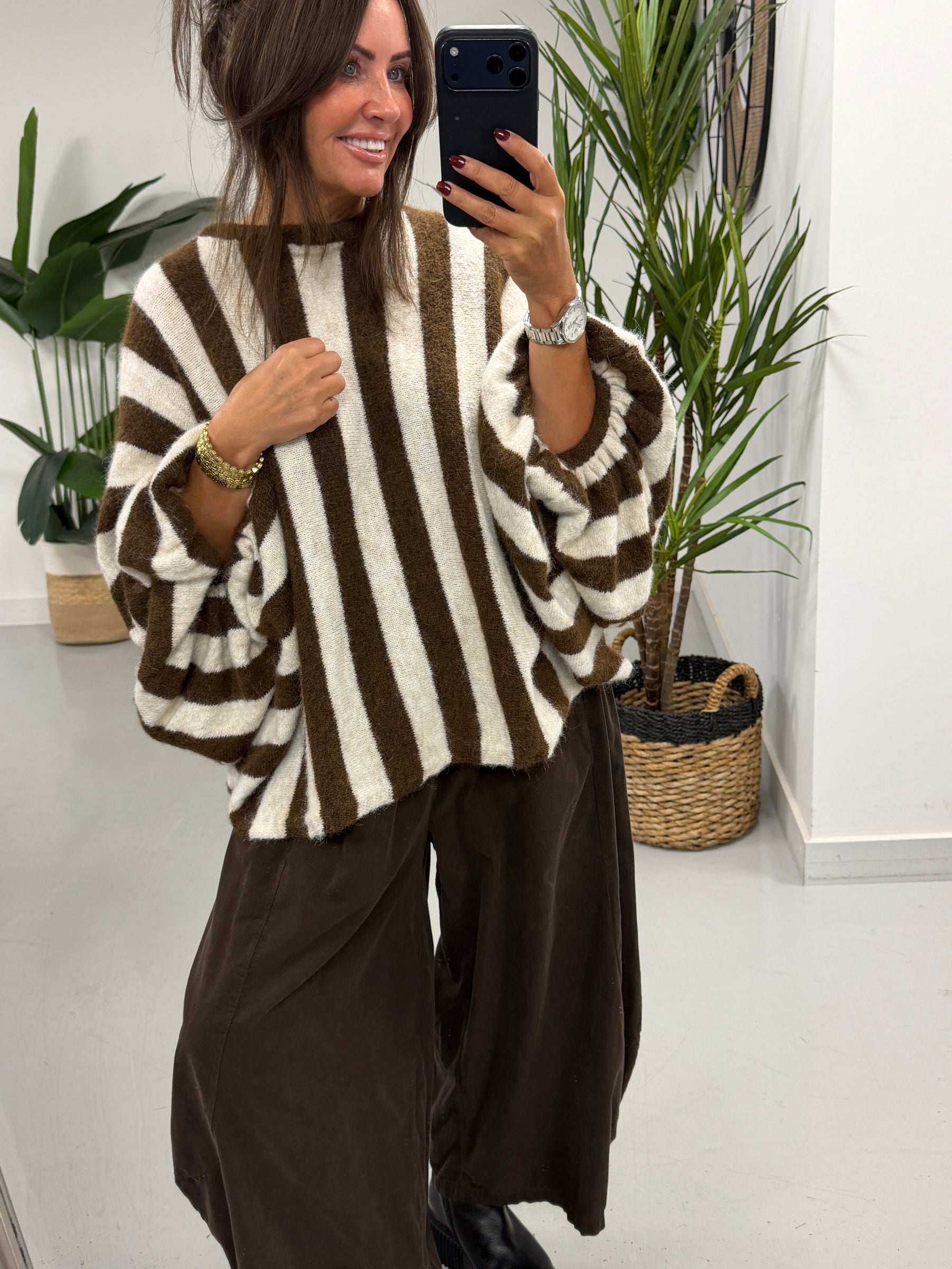 Zeta Otto Stripe Chunky Sleeve Knit - Chocolate (Size 10-18)
